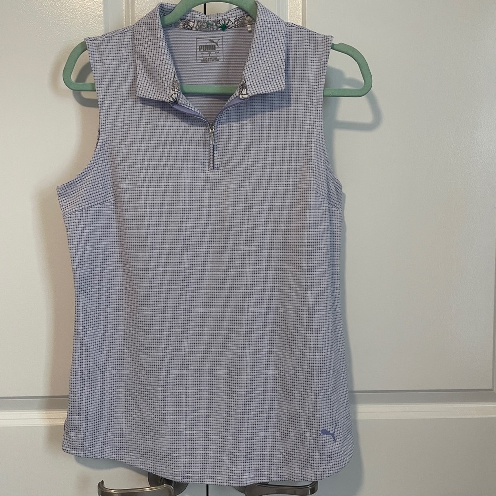 PUMA Golf Women’s Sleeveless Polo Shirt Large Blue Check Print Zip Collar